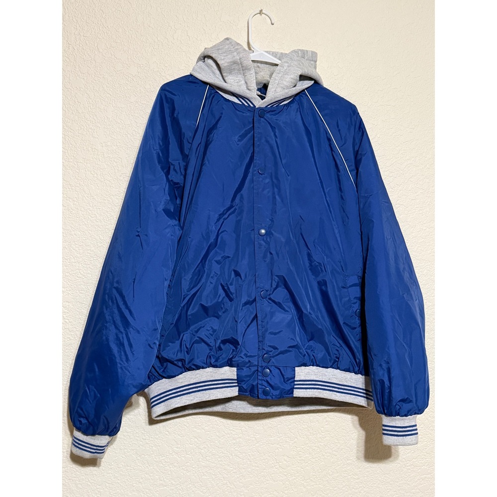 Vtg RedHead Mens XL Blue Hooded Bomber Jacket Quilted Lined Varsity Snap Front